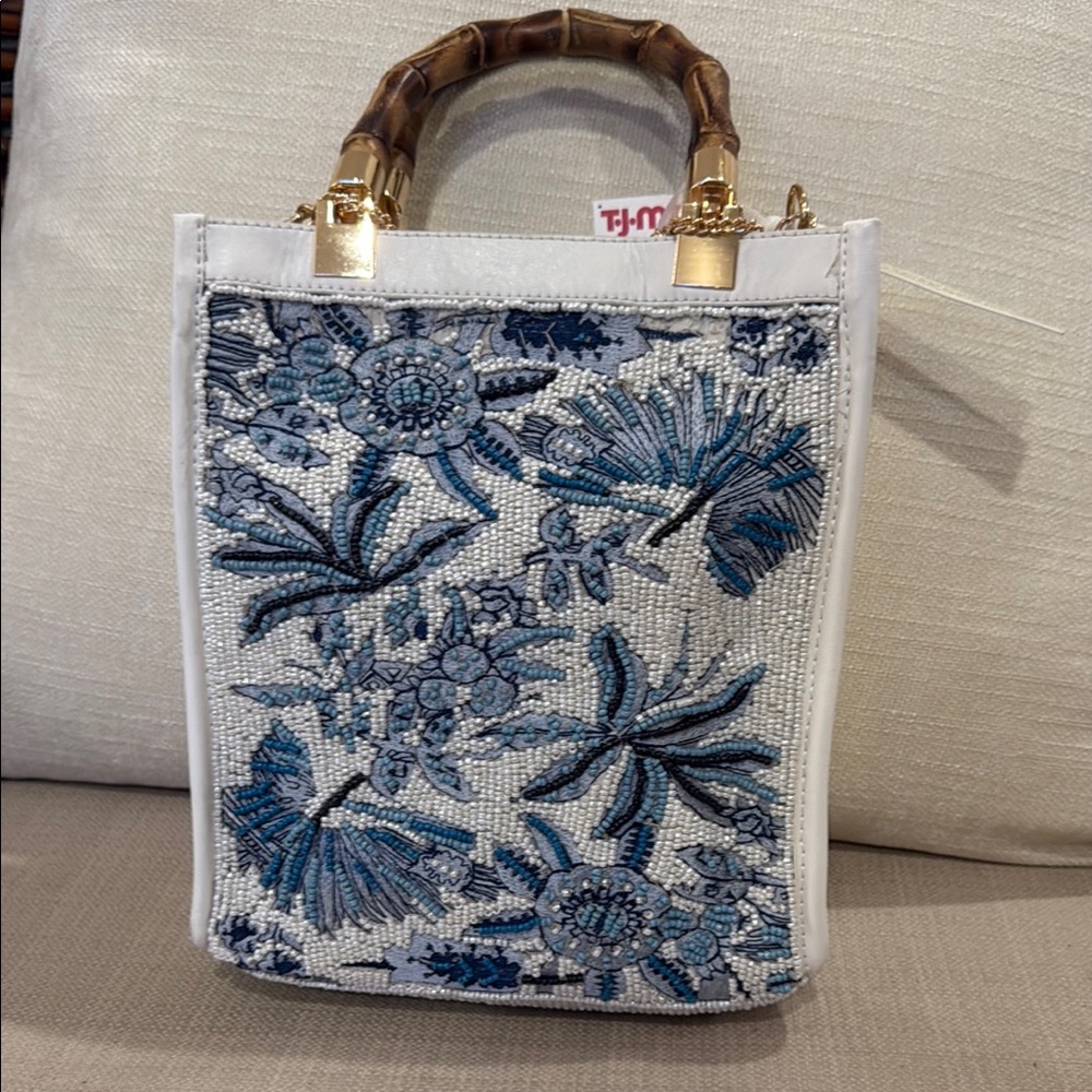 Embroidered Floral Handbag with Bamboo Handles